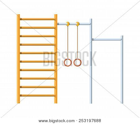 Street Workout Place. Horizontal Bar With Climbing Rings And Ladder. Sport, Gym, Fitness, Exercise, 