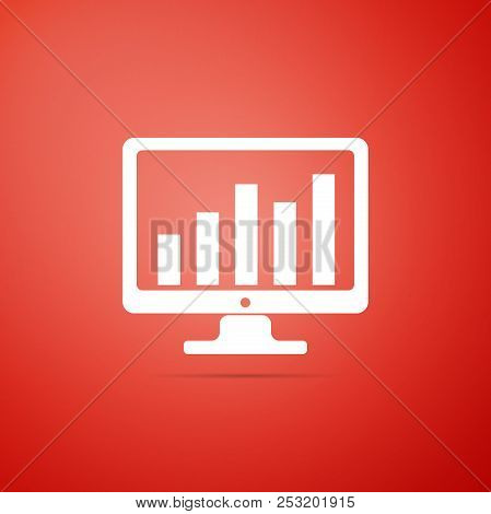 Computer Screen With Financial Charts And Graphs Icon Isolated On Red Background. Chart Bars And Fin