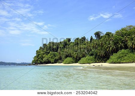 Tropical Beach Of Coibita, Aka Rancheria, With Isla Coiba In The Background. Coiba National Park, Pa