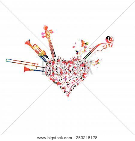 Music Colorful Background With Music Notes, Trumpet, Trombone And Violoncelo Pegbox And Scroll Vecto