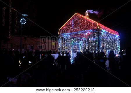 Beer Sheva, Israel - August 09, 2018: Festival Of Light In Beer Sheva 2018. Ephemeral House Made Of 