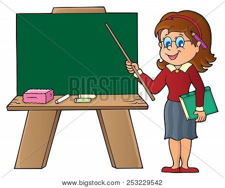 Woman Teacher Standing By Schoolboard - Eps10 Vector Picture Illustration.