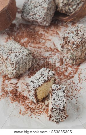 Raw Sweets Prepared From Coconut And Cocoa. Selective Focus.