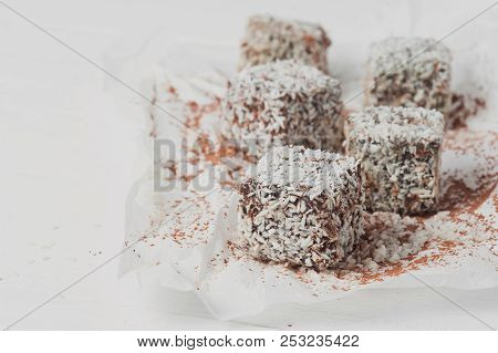 Raw Sweets Prepared From Coconut And Cocoa. Selective Focus.