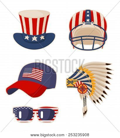 Flag On Items Usa Symbols, Cap And Old Glory, Indian Headdress With Feathers, Sunglasses Grand Union