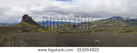 Colorful Wide Panorama, Panoramic View On Volcanic Landscape In Nature Reserve Fjallabak In Central 
