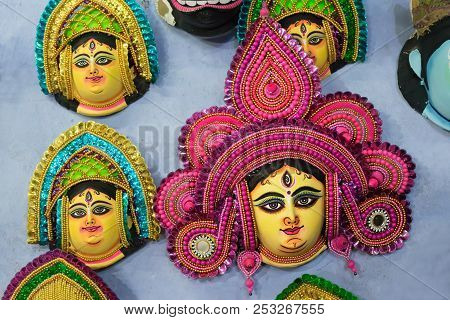 Colorful Chhau (or Chhou) Mask , Handicrafts On Display For Sale - At Charida, Purulia - Bangla (for