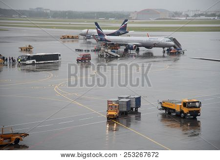 Moscow, Russia- June 12 2018: Airplanes On The Runway At Terminal D Of Sheremetyevo International Ai