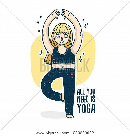 Design Of A Poster With A Young Blonde Girl For A Yoga Studio. Plus Size Woman In Tree Pose Sports. 