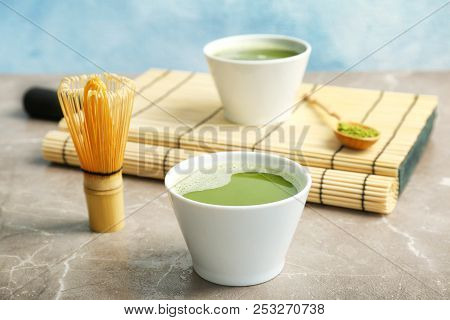Chawan With Fresh Matcha Tea And Chasen On Table