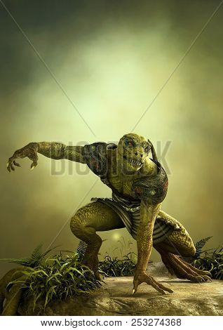 Fantasy Reptilian Warrior Ready To Attack. 3d Illustration.