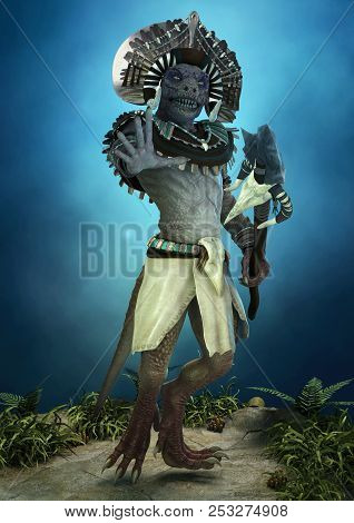 Fantasy Reptilian Tribal Shaman With A Staff In Its Hand. 3d Illustration.