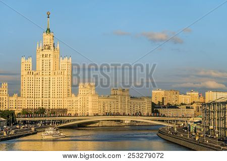 Moskvoretskaya Embankment And Kotelnicheskaya Embankment Moscow River With Stalinist Skyscraper 1938
