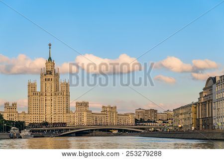 Raushskaya Embankment Of Moscow River. View Towards Stalinist Residential Skyscraper 1938-1952 Years