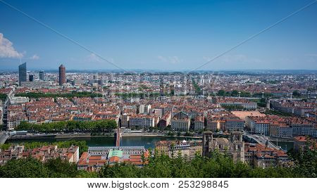 Lyon Cityscape Panorama From Part-dieu Financial District To Bellecour Square In France