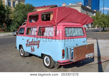 Krasnoyarsk, Russia - August 11, 2018: Volkswagen Transporter T2 The Minibus Equipped For Sale Of Co