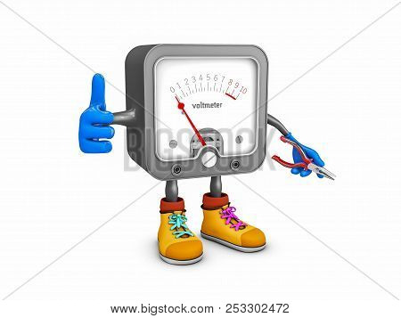 Voltmeter Character With Pliers Isolated On White Background. 3d Illustration