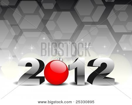 2012 text with 3d effect in gray & red color greeting card having red Ball, stars for Happy New Year