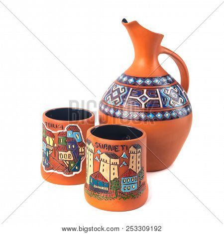 Georgian Handmade Ceramic (clay) Jug With Traditional Ornaments On It, Named Doqi, And Cup, Named Ta