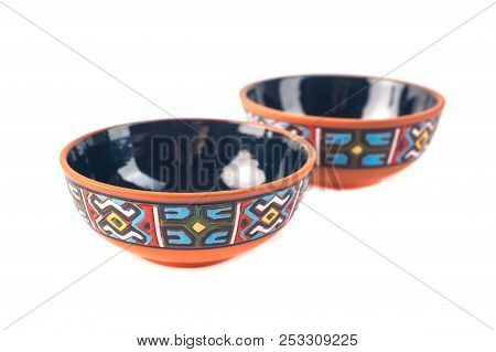 Georgian Clay Pottery (tasi) With Traditional Ornaments On It. White Background