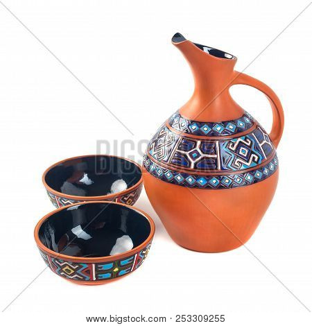 Georgian Handmade Ceramic (clay) Jug With Traditional Ornaments On It, Named Doqi, And Cup, Named Ta