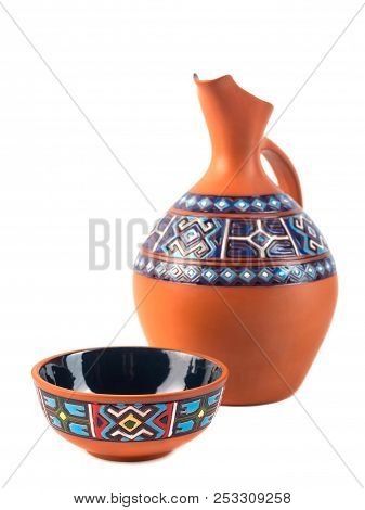 Georgian Handmade Ceramic (clay) Jug With Traditional Ornaments On It, Named Doqi, And Cup, Named Ta