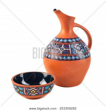Georgian Handmade Ceramic (clay) Jug With Traditional Ornaments On It, Named Doqi, And Cup, Named Ta