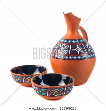 Georgian Handmade Ceramic (clay) Jug With Traditional Ornaments On It, Named Doqi, And Cup, Named Ta