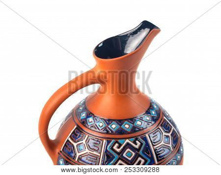 Georgian Handmade Ceramic Jug With Traditional Ornaments On It, Named Doqi, For Wine And Water On Wh