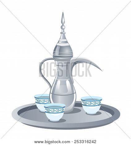 Traditional Metal Silver Arabic Coffee Set With Dallah, Three Cups.