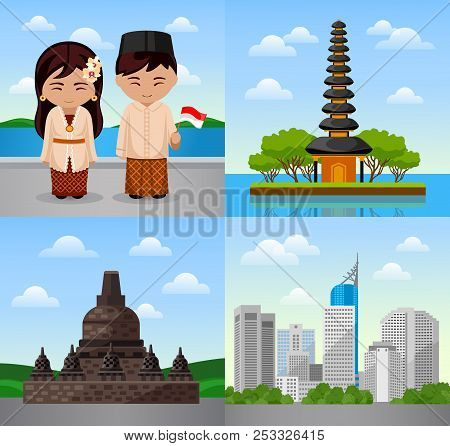 Travel To Indonesia. Bali. Indonesian People In National Dress. Woman And Man With Flag. Cityscape, 