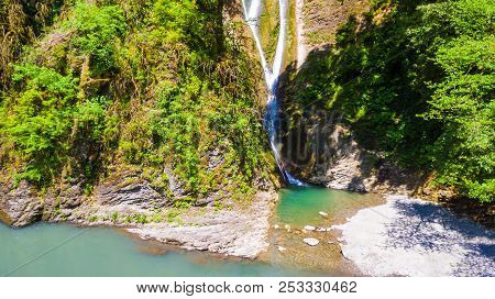 Drone View Of Orekhovsky Waterfall And Sochi River In Sunny Summer Day, Sochi, Russia