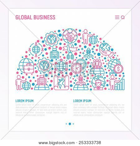 Global Business Concept In Half Circle With Thin Line Icons: Investment, Outsourcing, Agreement, Tra