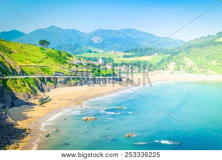 Cantabrian Sea Green Coast With Deba Town, Pais Vasco Spain, Retro Toned