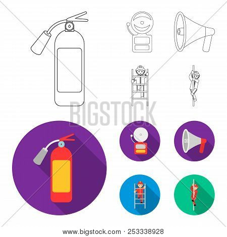Fire Extinguisher, Alarm, Megaphone, Fireman On The Stairs. Fire Departmentset Set Collection Icons 