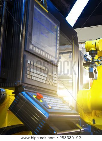 Open Modern Cnc Panel Machine With Snap On Background Open Part Of The Working Space Of The Machine