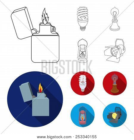 Lighter, Economical Light Bulb, Edison Lamp, Kerosene Lamp.light Source Set Collection Icons In Outl