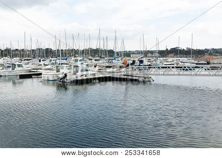 Morgat, France 29 May 2018 Panoramic Outdoor View Of Sete Marina Many Small Boats And Yachts Aligned