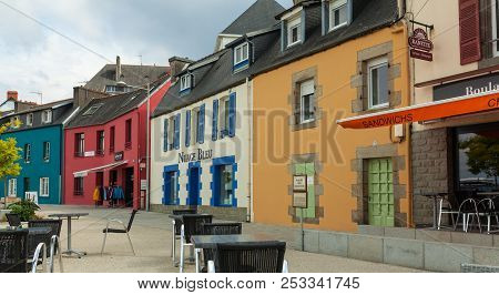 Morgat, France 29 May 2018 Beautiful View Of Scenic Narrow Alley With Historic Traditional Houses An