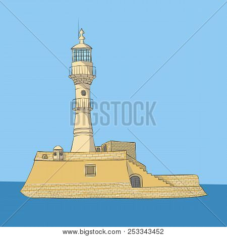 Vector. Old Medieval Stone Lighthouse In The Bay Of Chania. Greece.