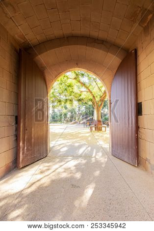View On Cortyard From The Gate, Poble Espanyol, Traditional Architecture Site In Barcelona, Spain