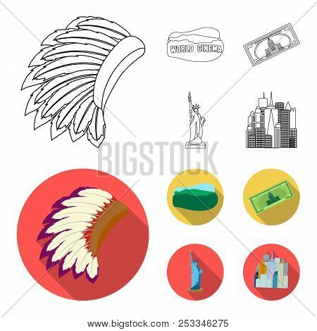 Mohavk, World Cinema, Dollar, A Statue Of Liberty.usa Country Set Collection Icons In Outline, Flat 