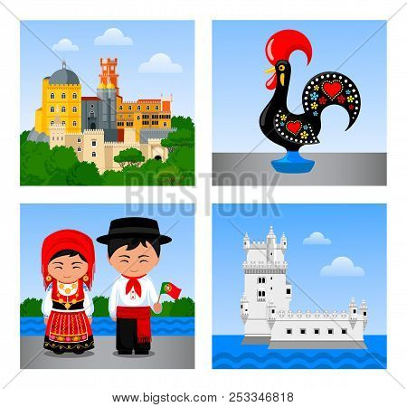 Attractions In Portugal. Set Of Vector Flat Illustrations.