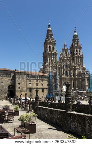 Santiago De Compostela Cathedral Of Saint James, Spain. Visible Construction Renovation Works.