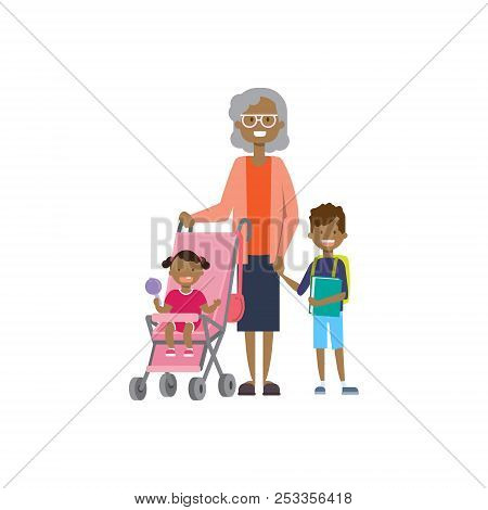 African Grandmother With Baby Grandchildren In Stroller, Multi Generation Family, Full Length Avatar