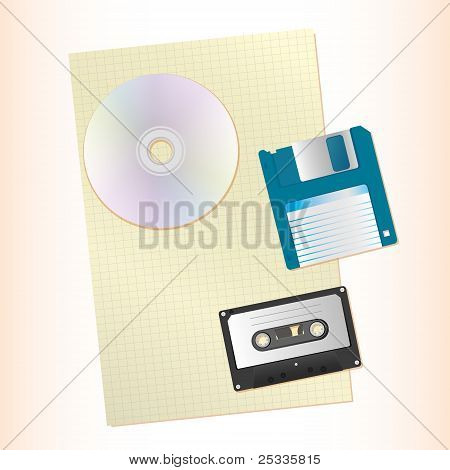 Papir, CD, kassette og diskette vektor illustration