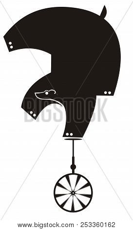 Funny Bear Rides On Unicycle Isolated Illustration. Equilibrist Bear Rides On Unicycle Black On Whit
