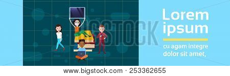 Girl Sitting Booking Stack Hold Tablet Boy With Gadgets Template For Design Work And Animation On Wh