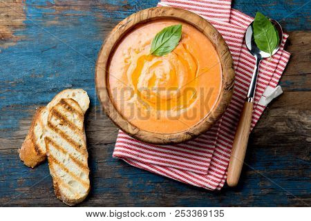 Traditional Spanish Andalusian Tomato Cream Soup - Salmorejo. Salmorejo Or Gazpacho Cream Soup