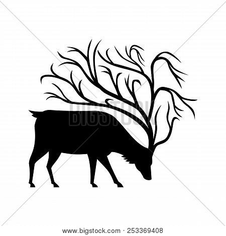 Mascot Icon Illustration Of A Black Silhouette Of A Buck, Stag Or Deer With Tree-like Antlers With B